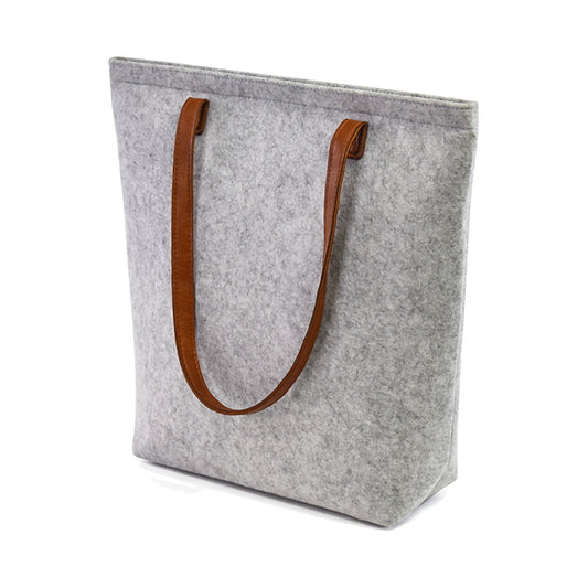 Bellagio wool tote in Light Gray with cognac handles, on white