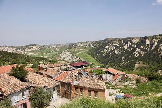The hillside town where Turkish towels are made, with red-roofed houses and green hills