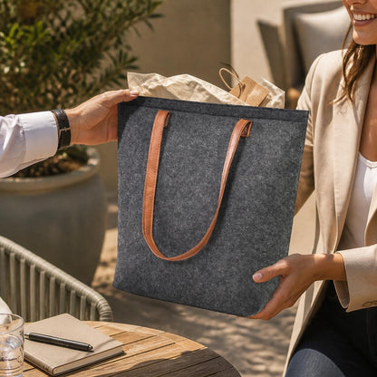 Charcoal Bellagio wool tote handed over as a corporate gift