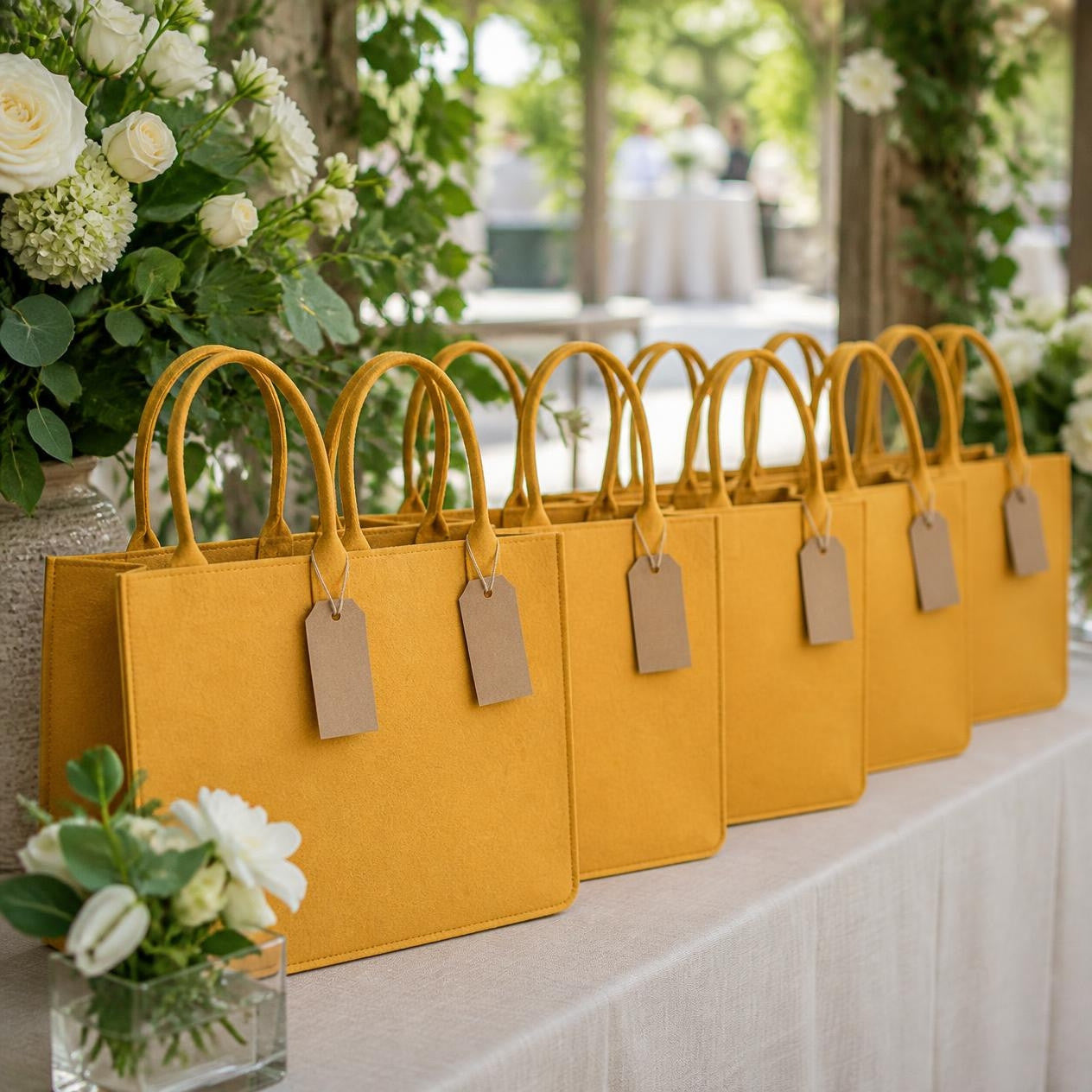 Row of mustard Portofino felt totes set out as event gifts