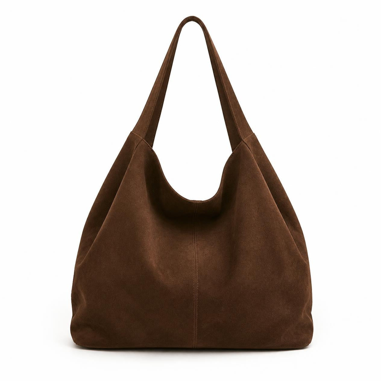 Marbella suede shoulder tote in Coco on white