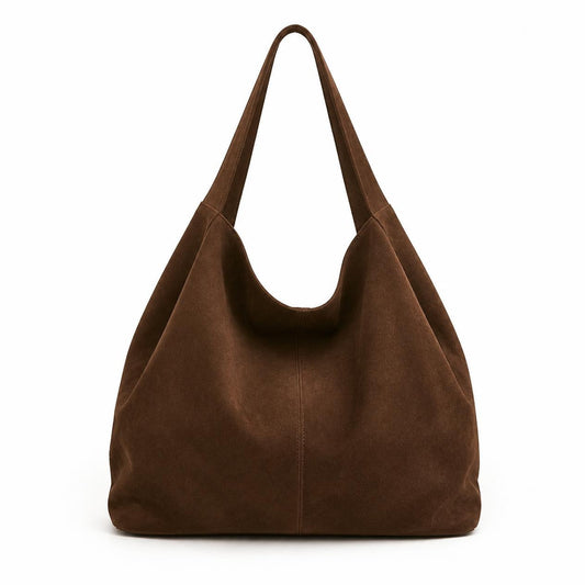 Marbella suede shoulder tote in Coco on white