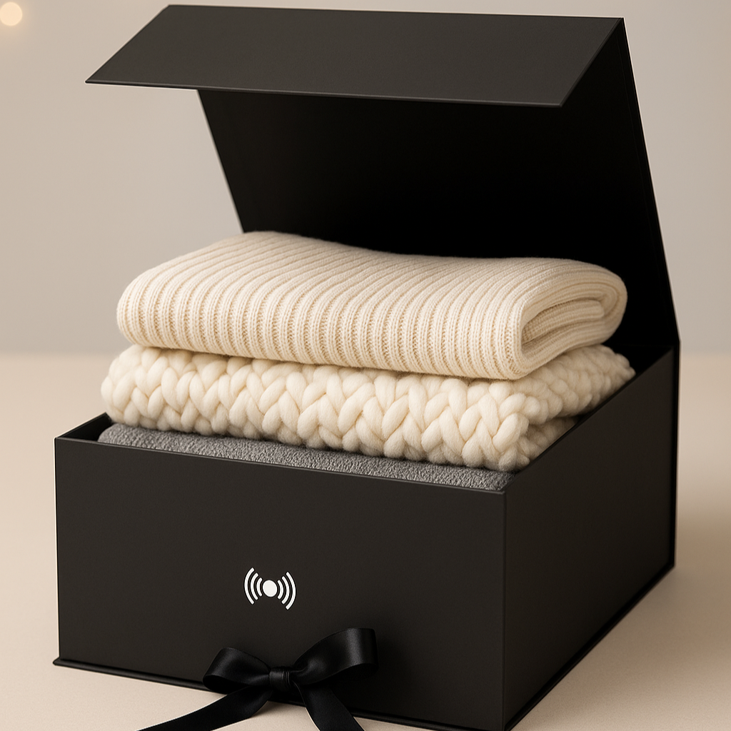 Stack of white textured blankets in an open black gift box with a bow, against a neutral background.