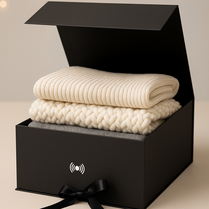 Stack of white textured blankets in an open black gift box with a bow, against a neutral background.