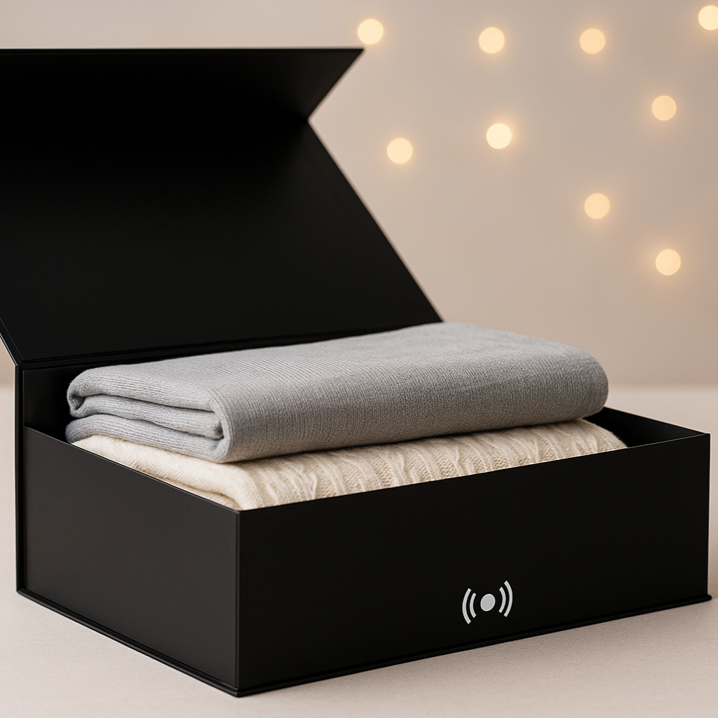 Black box with a gray blanket inside, set against a warm light background- magnetic closure icon