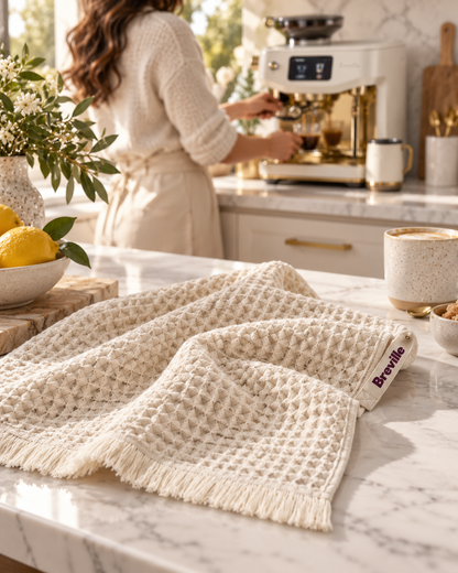 A cream-colored waffle-weave kitchen towel with fringe and a small 'Bregntide' label, styled on a white marble countertop in a bright kitchen with a woman in the background.