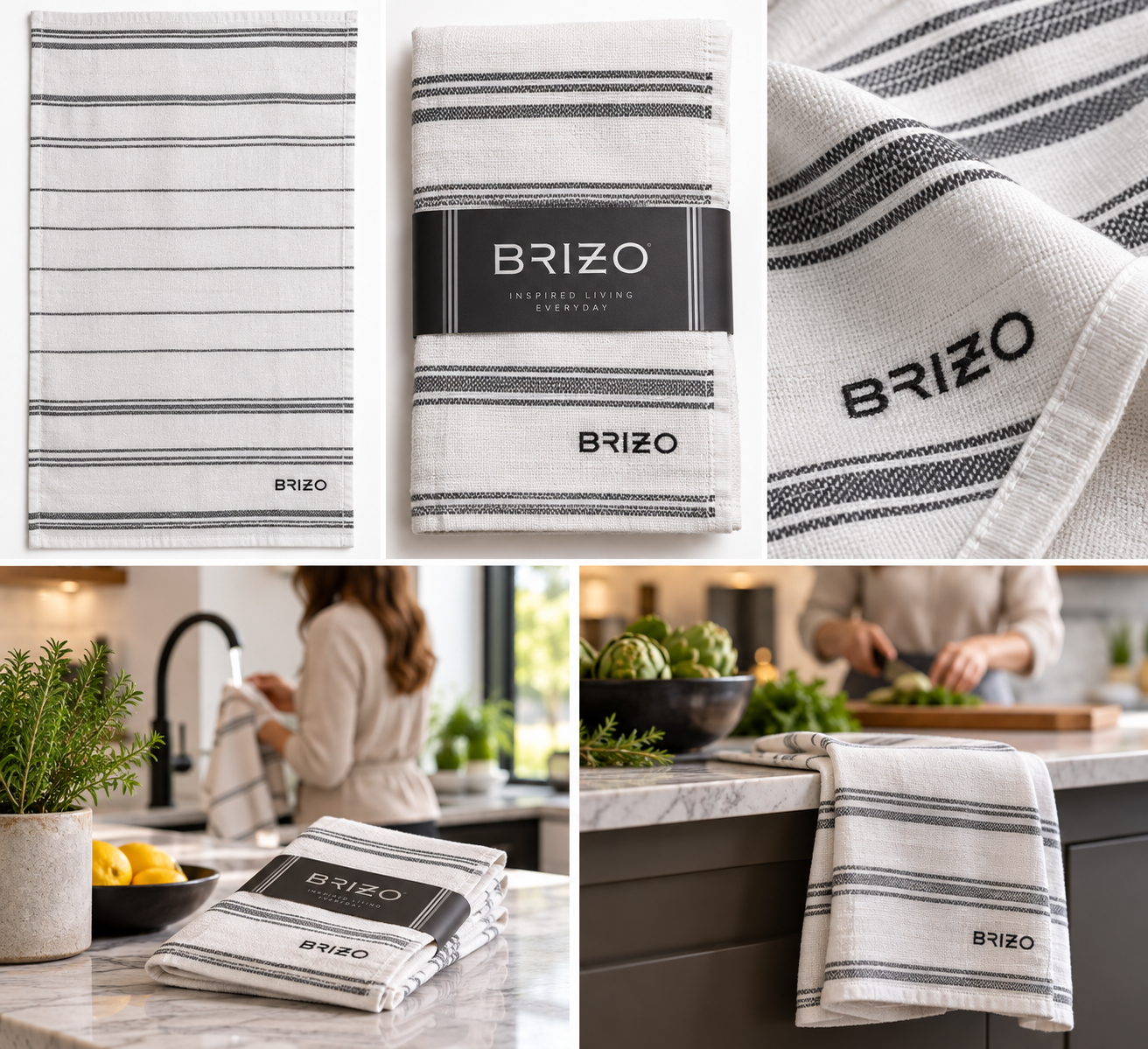 A collage showing multiple views of a striped kitchen towel with the BRIZO logo. The towels are shown folded, hanging on a kitchen counter, and a woman washing dishes in a bright kitchen.
