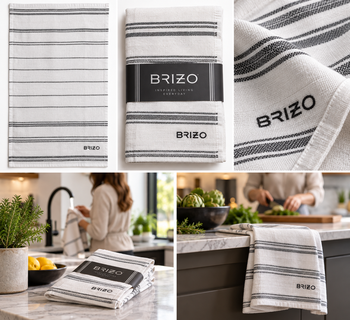 A collage showing multiple views of a striped kitchen towel with the BRIZO logo. The towels are shown folded, hanging on a kitchen counter, and a woman washing dishes in a bright kitchen.