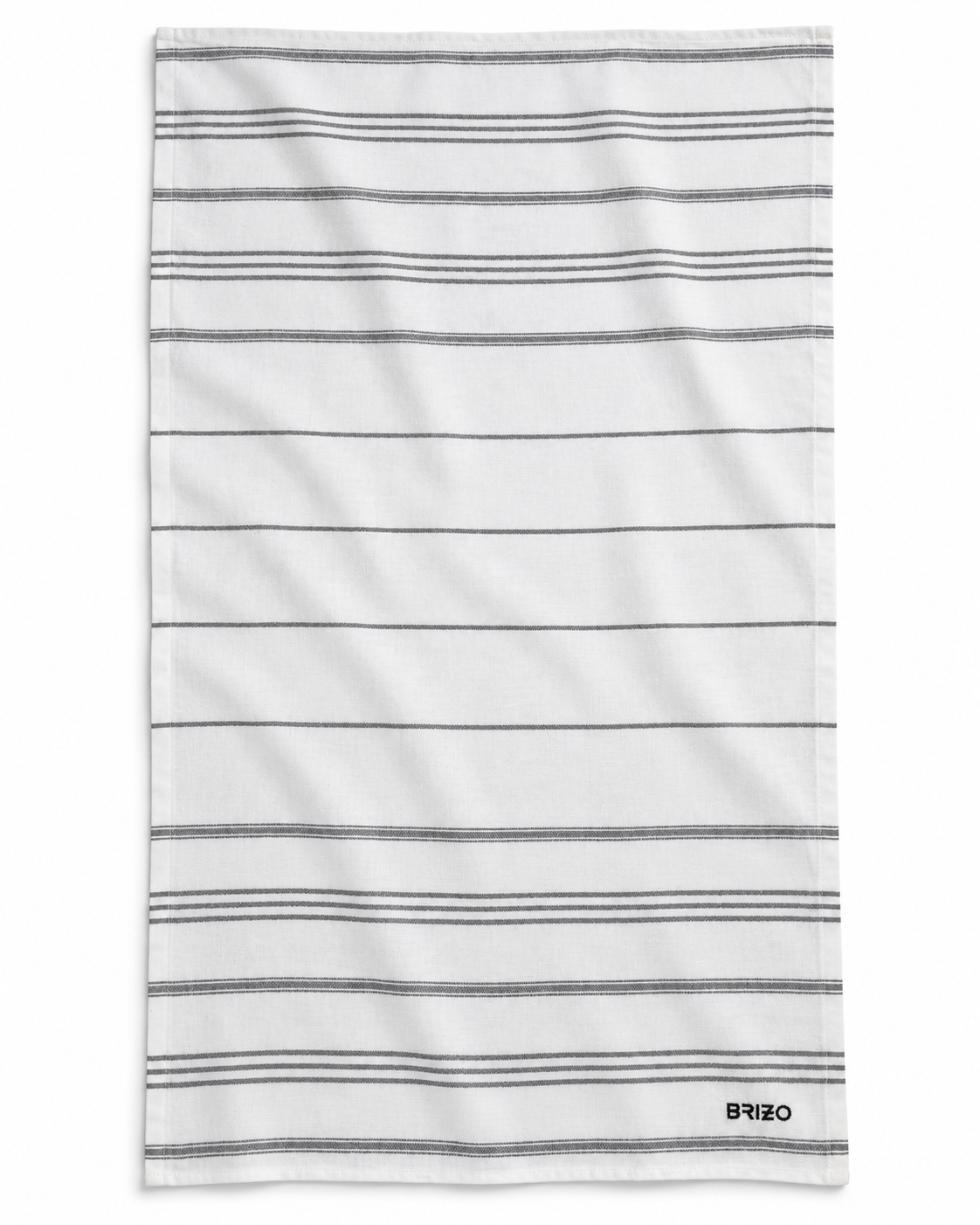 A white cotton towel with thin horizontal gray stripes and a small black BRIZO logo printed in the bottom right corner, shown flat against a white background.