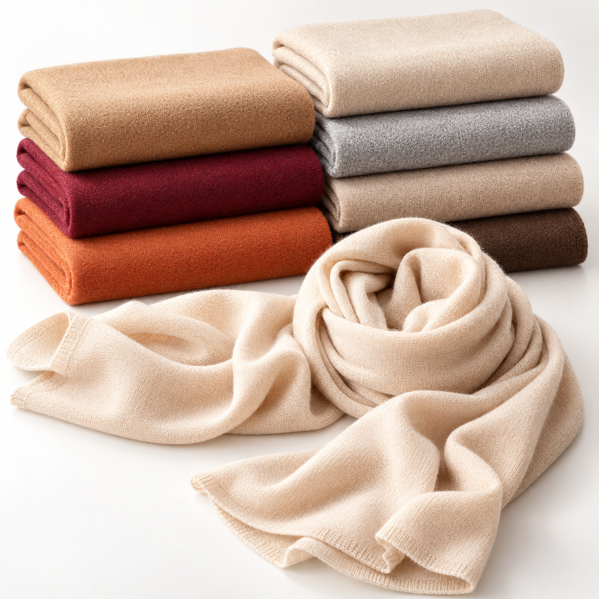 A set of folded and draped knit cashmere blankets scarves in multiple warm colors, including beige, gray, rust orange, burgundy, and brown, arranged on a clean white background.