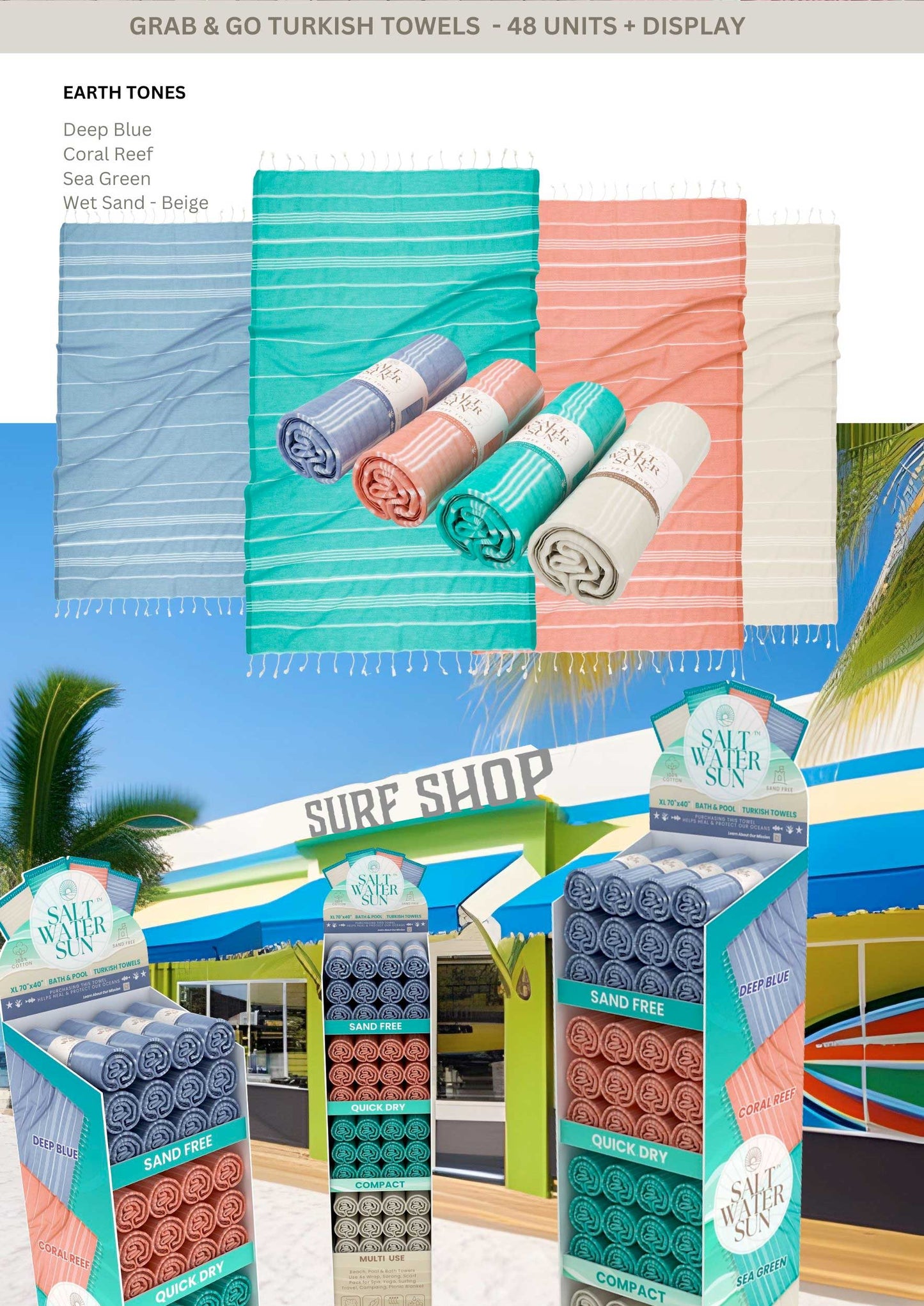Salt Water Sun - "Grab and Go" Rolled Turkish Towels - 48 Units + Retail Store Display RT789 & RT790