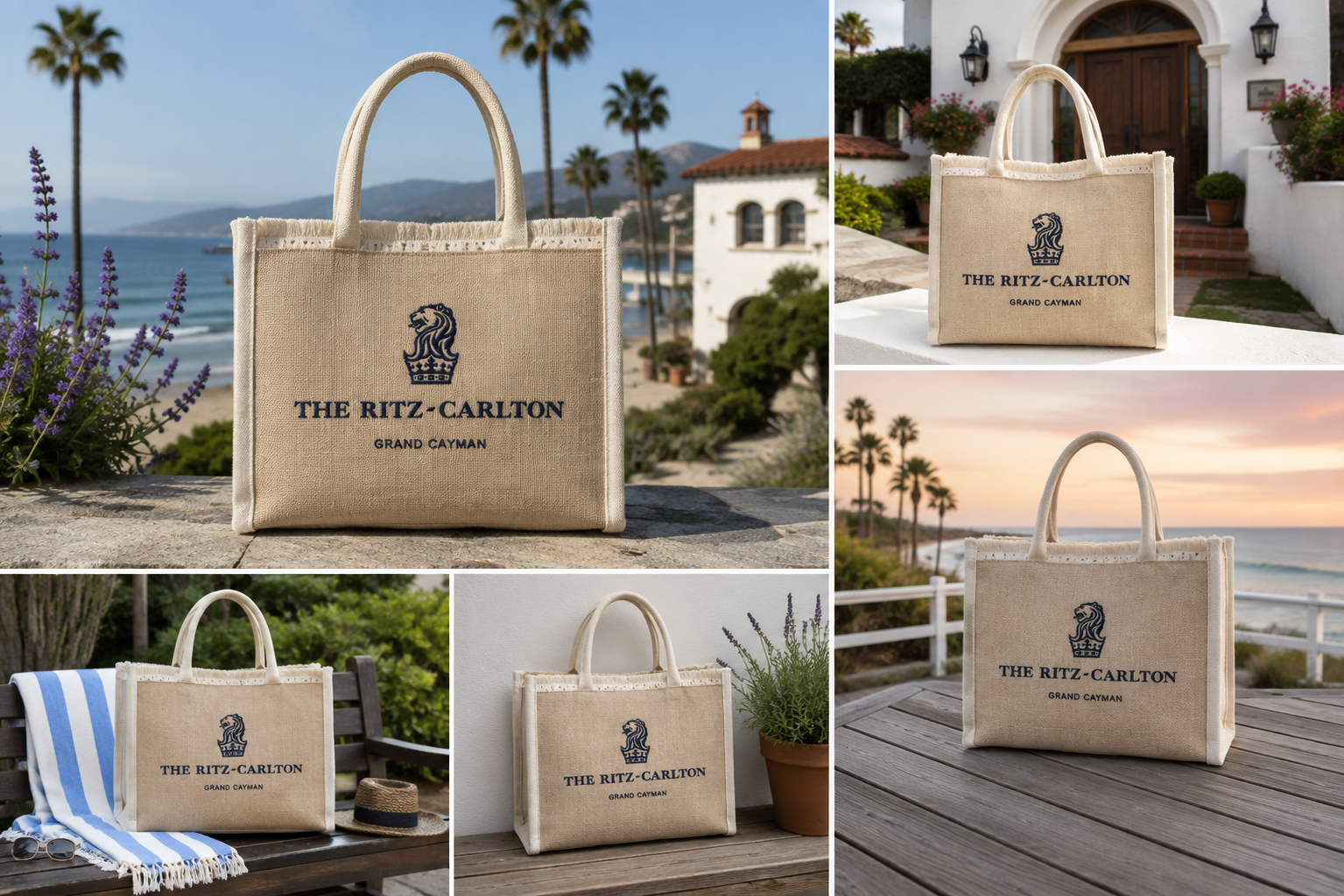A collage of five lifestyle photos showing a beige canvas tote bag with white handles and navy blue printed branding for 'The Ritz-Carlton, San Francisco'. The bag is shown in various outdoor and indoor settings including a beach, a porch, and a table by a window.