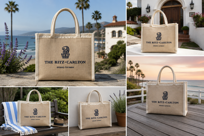 A collage of five lifestyle photos showing a beige canvas tote bag with white handles and navy blue printed branding for 'The Ritz-Carlton, San Francisco'. The bag is shown in various outdoor and indoor settings including a beach, a porch, and a table by a window.