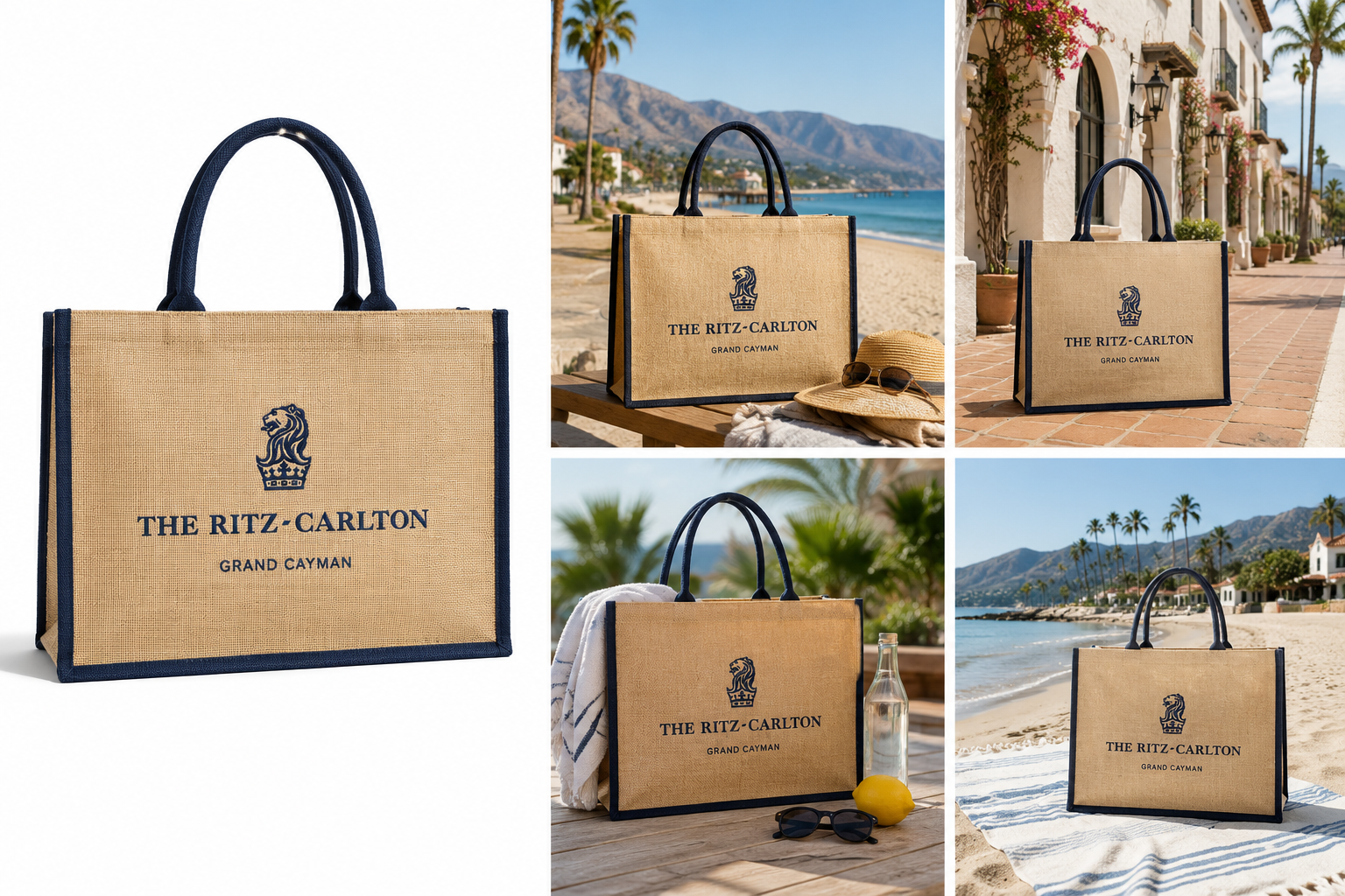 A collage showing a beige canvas tote bag with navy blue handles and trim, branded 'The Ritz-Carlton Grand Cayman.' One large bag is shown on a plain white background, while the remaining four smaller photos show the same bag styled on a beach, poolside, and on a resort walkway.