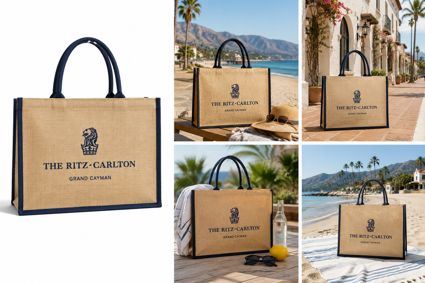 A collage showing a beige canvas tote bag with navy blue handles and trim, branded 'The Ritz-Carlton Grand Cayman.' One large bag is shown on a plain white background, while the remaining four smaller photos show the same bag styled on a beach, poolside, and on a resort walkway.