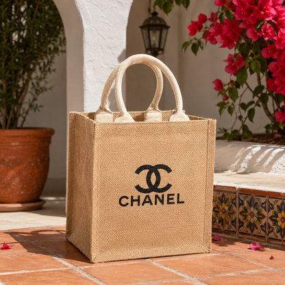 A natural jute tote bag with the black Chanel logo printed on the front, set on a terracotta tiled patio with potted plants and pink flowers in the background.