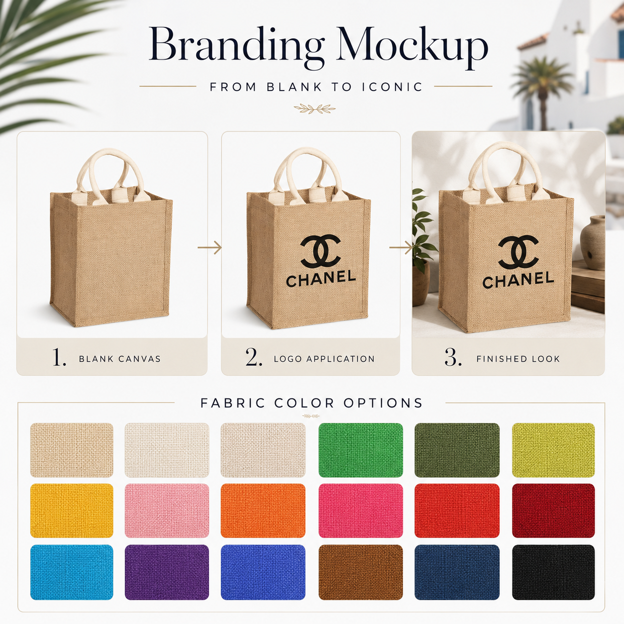 A branding mockup infographic showing a jute shopping bag with the Chanel logo, with three steps: blank canvas, logo application, and finished look. Below is a grid of fabric color options.