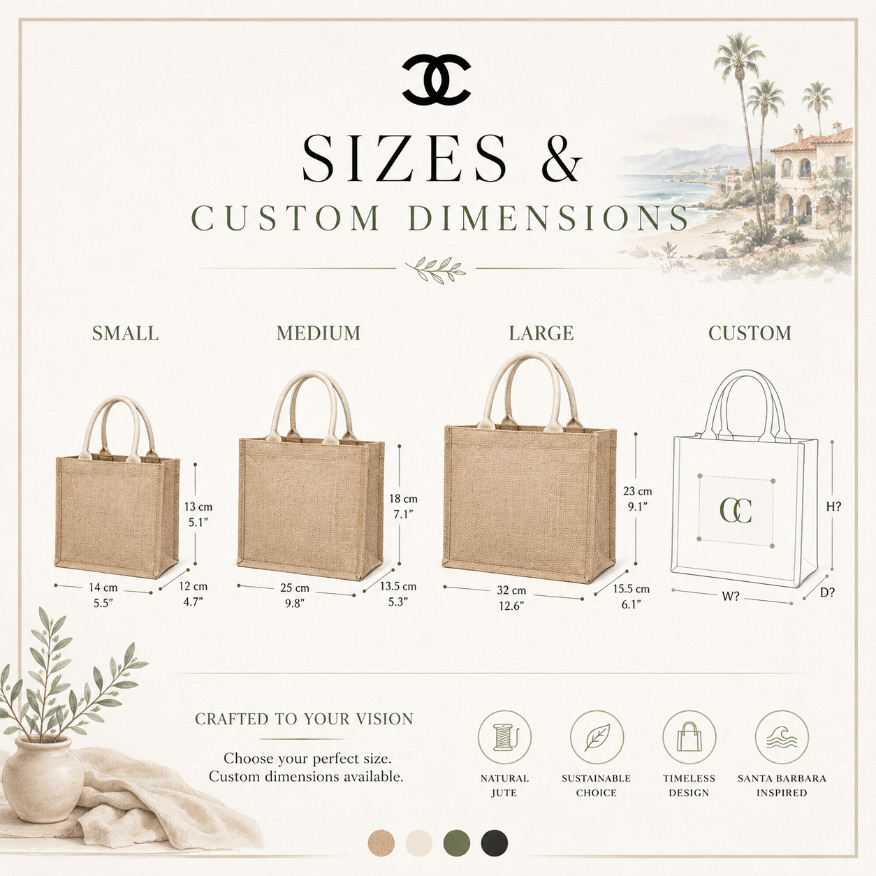 A size and dimension guide for jute shopping bags, showing small, medium, and large bag measurements with labeled dimensions. The image includes a custom bag diagram, decorative palm beach illustration, and text reading 'SIZES & CUSTOM DIMENSIONS' with icons for natural jute, sustainable choice, reusable design, and custom fabric design.