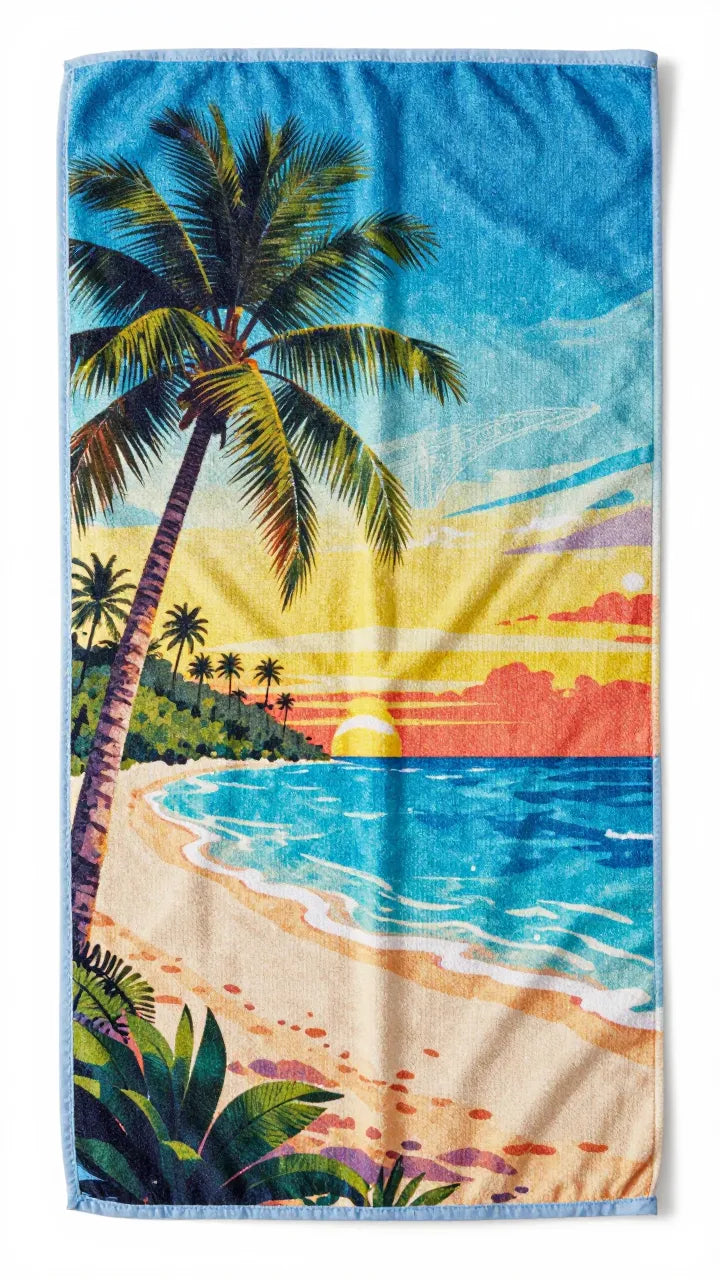 Beach towel with a tropical scene featuring palm trees and a sunset.