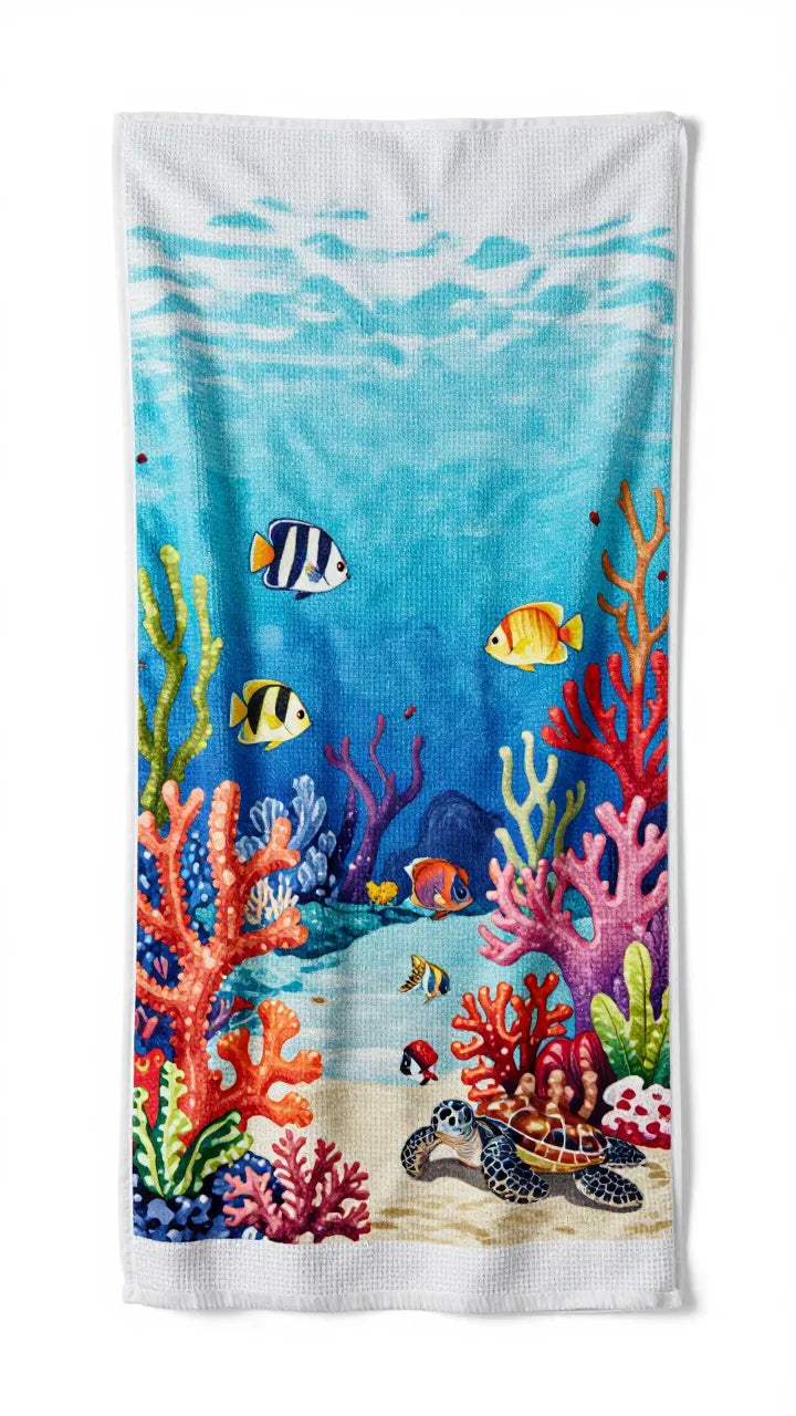 Towel with an underwater scene featuring fish and coral