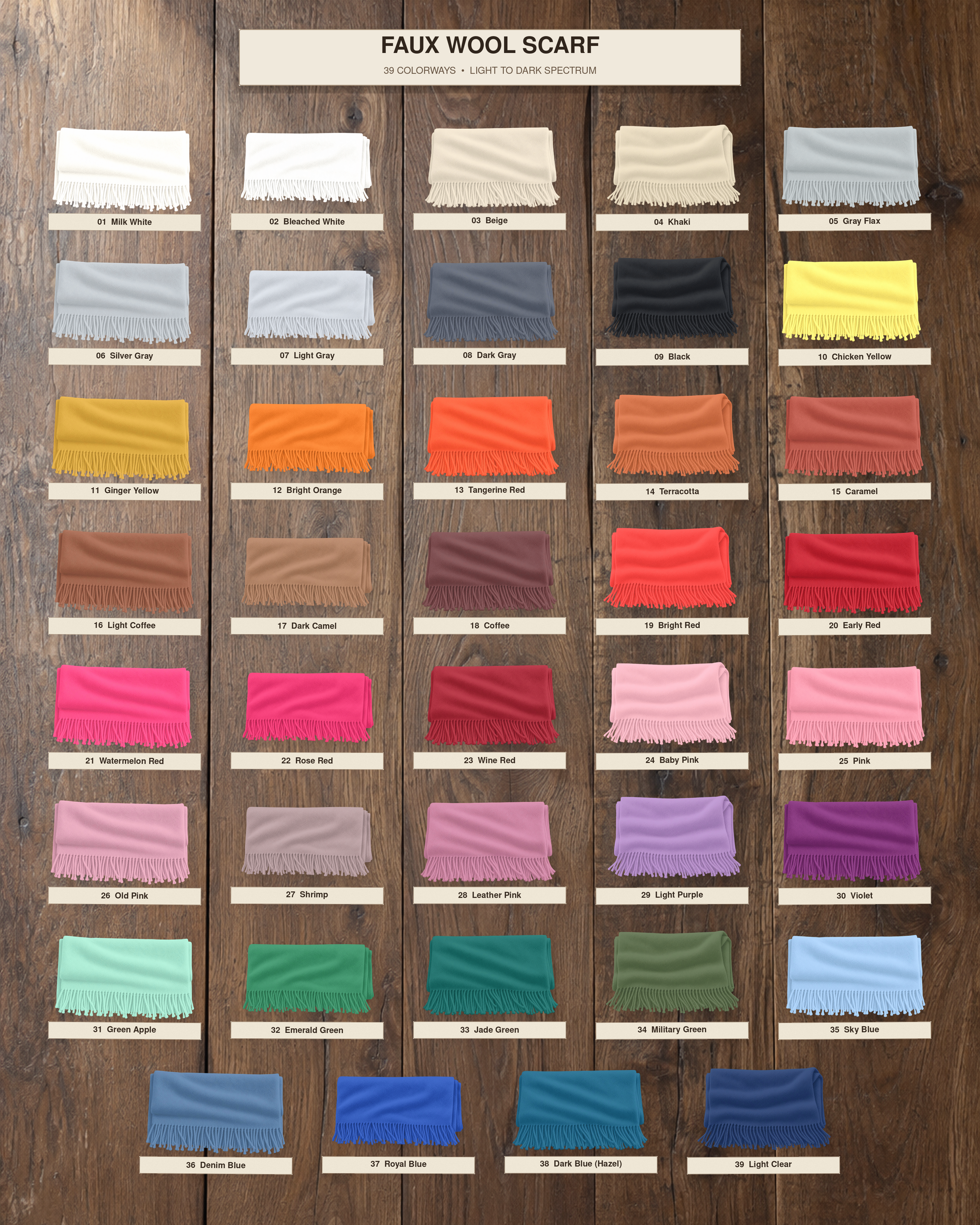 A color chart for faux wool scarves displayed on a dark wood background, featuring rows of small fabric swatches labeled with names and colors such as white, beige, gray, yellow, orange, red, pink, purple, blue, and green.