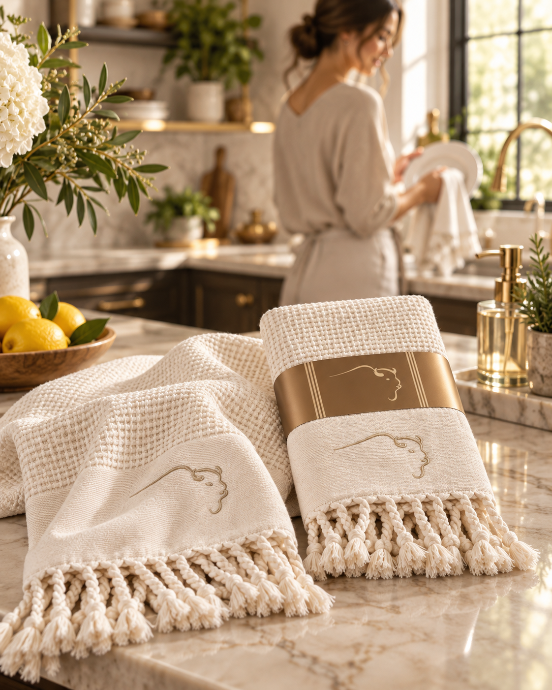 Two cream waffle-knit towels with fringe and embroidered horse logos are displayed on a marble countertop in a bright kitchen, with a woman washing dishes in the background.