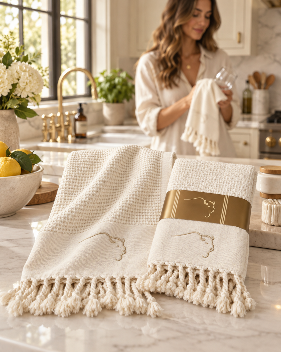 Two cream-colored kitchen towels with fringe and embroidered monogram details are displayed on a marble countertop in a bright kitchen, with a woman in the background holding one of the towels.