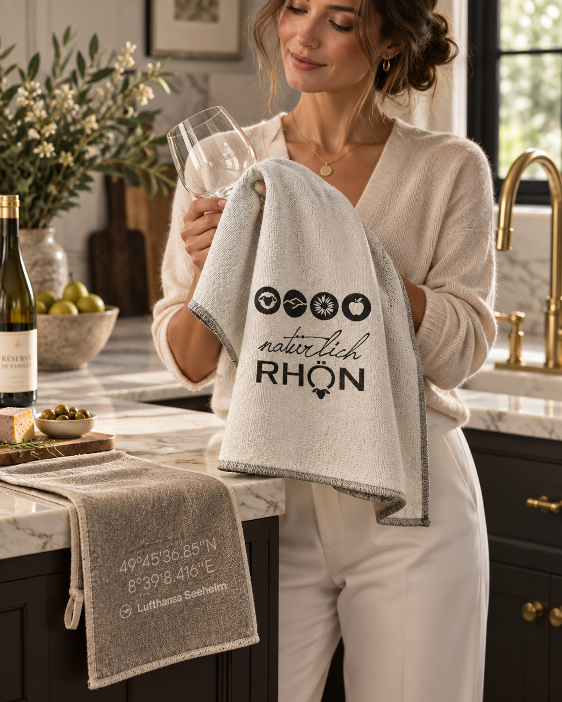 A woman in a cozy cream knit sweater and white pants stands in a kitchen holding a light gray towel with black printed graphics and text. Another gray towel is draped over a dark wood counter in the foreground, showing printed coordinates and a small logo.