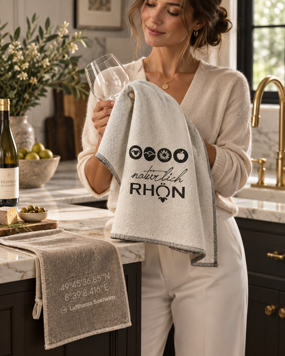 A woman in a cozy cream knit sweater and white pants stands in a kitchen holding a light gray towel with black printed graphics and text. Another gray towel is draped over a dark wood counter in the foreground, showing printed coordinates and a small logo.