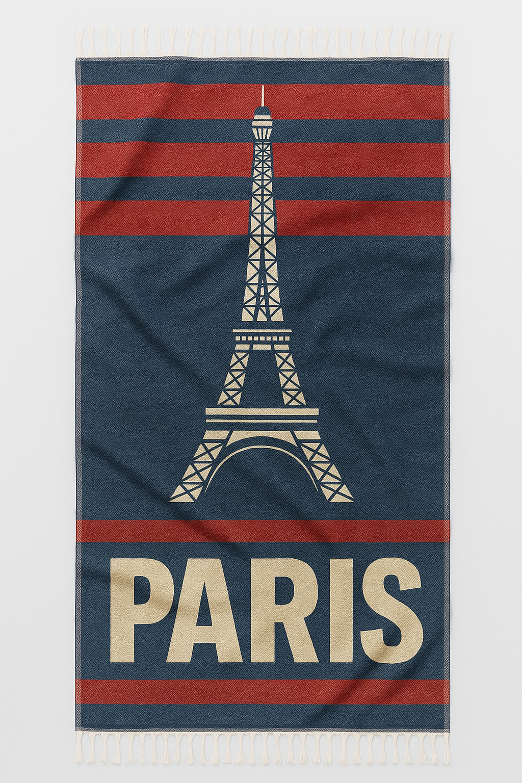 Towel with Eiffel Tower design and 'PARIS' text on a blue and red striped background