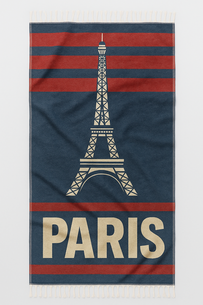 Towel with Eiffel Tower design and 'PARIS' text on a blue and red striped background