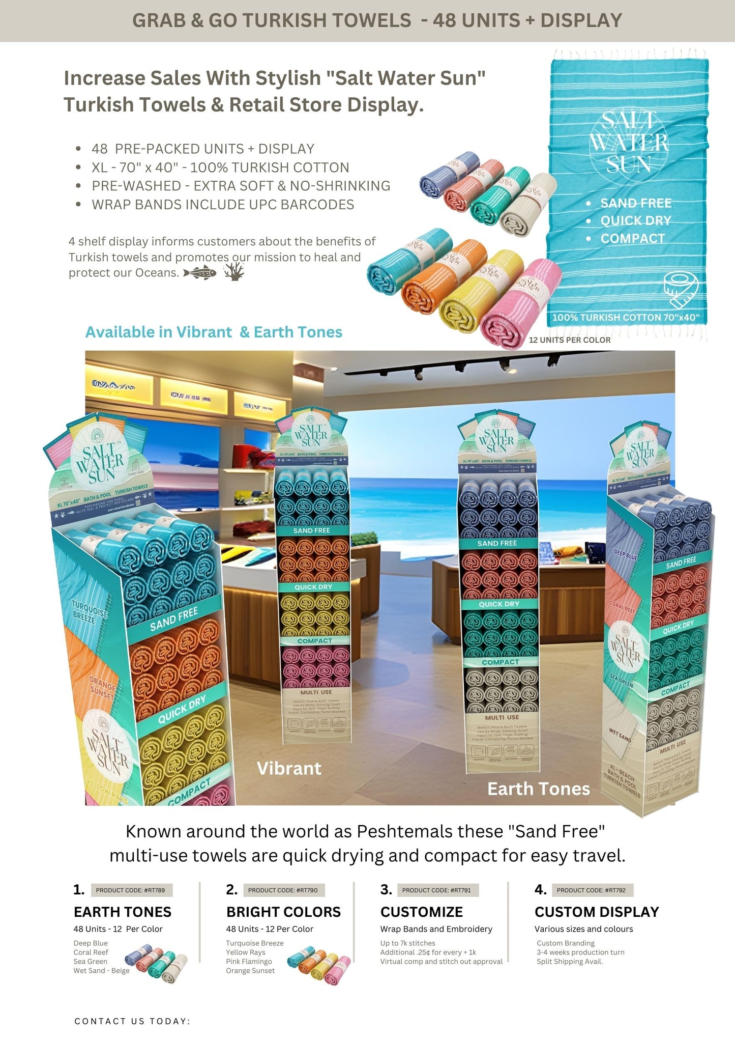 Salt Water Sun - "Grab and Go" Rolled Turkish Towels - 48 Units + Retail Store Display RT789 & RT790