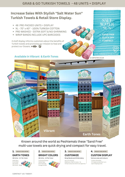 Salt Water Sun - "Grab and Go" Rolled Turkish Towels - 48 Units + Retail Store Display RT789 & RT790