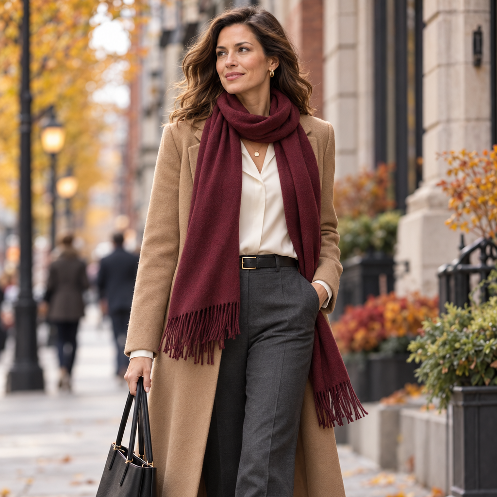 A woman walking on an autumn city sidewalk wearing a camel coat, a burgundy scarf, a white blouse, dark gray trousers, and carrying a black tote bag.