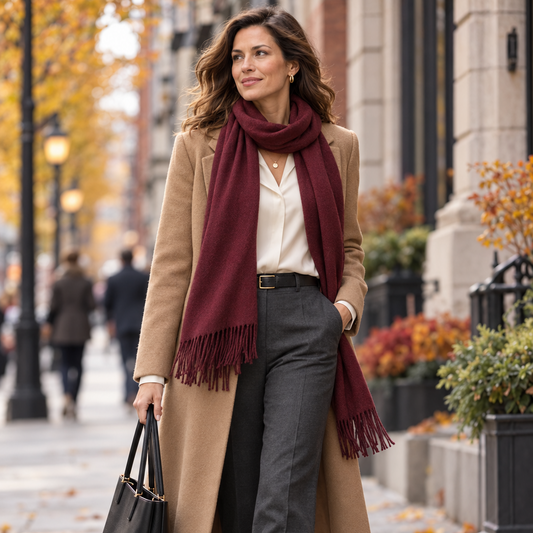 A woman walking on an autumn city sidewalk wearing a camel coat, a burgundy scarf, a white blouse, dark gray trousers, and carrying a black tote bag.