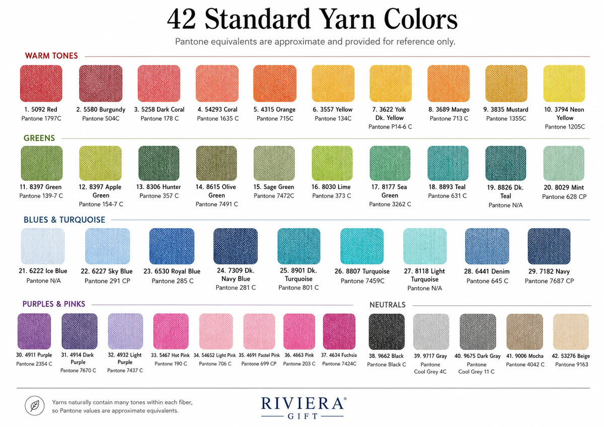 A reference chart titled '42 Standard Yarn Colors' from Riviera Gift, showing rows of color swatches for warm tones, greens, blues & turquoise, purples & pinks, and neutrals, with Pantone equivalents listed beside each swatch.