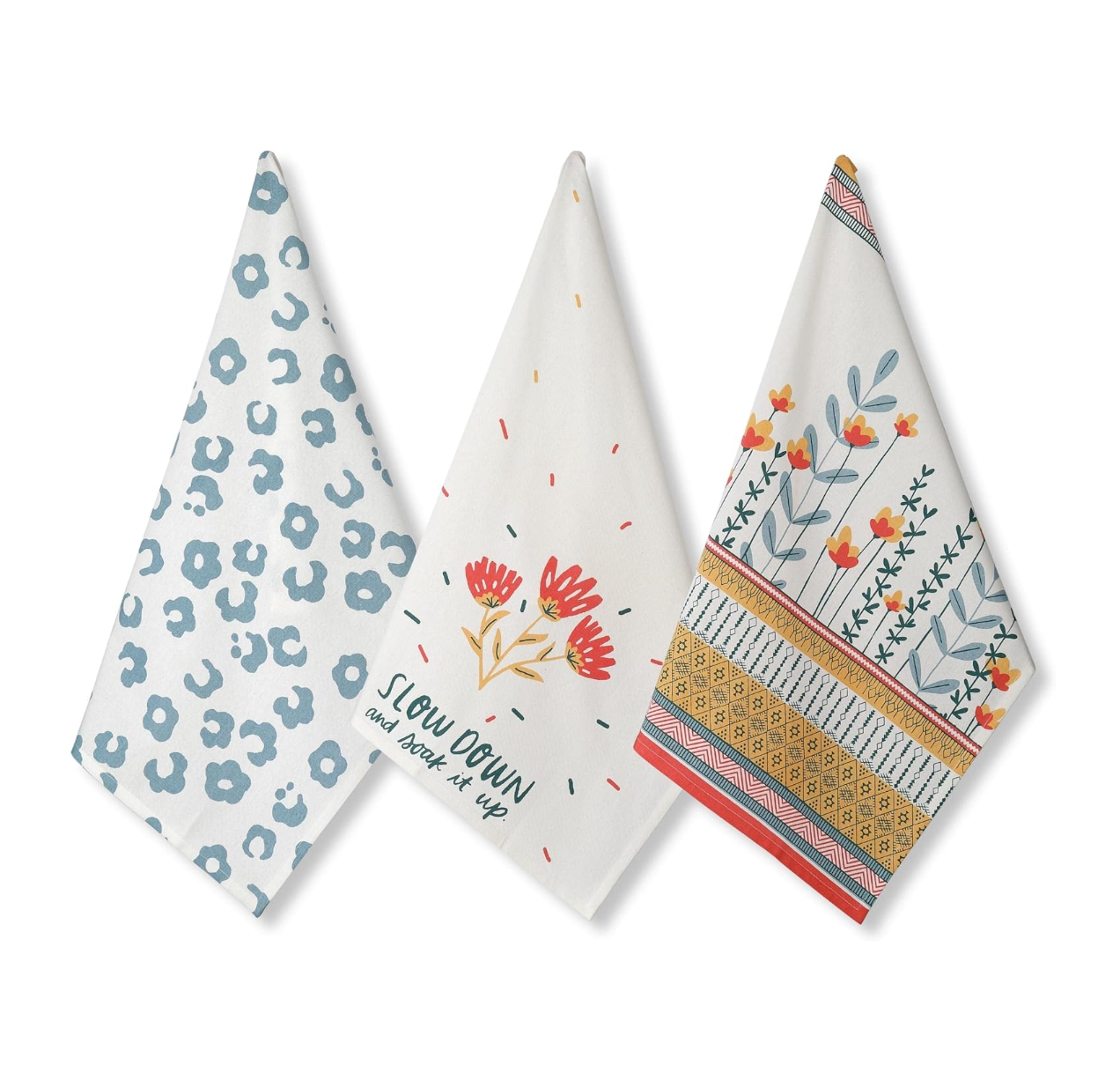 Kitchen T-towels hand towels Three patterned towels on a white background