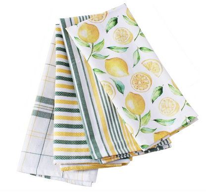 Set of three kitchen towels with lemon and striped patterns on a white background