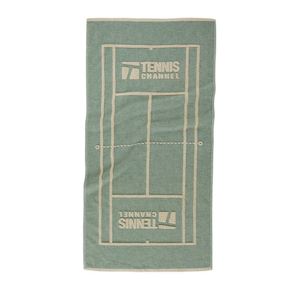 A rectangular beach towel featuring a tennis court design in sage green with cream-colored lines and 'TENNIS CHANNEL' branding, shown flat against a white background.