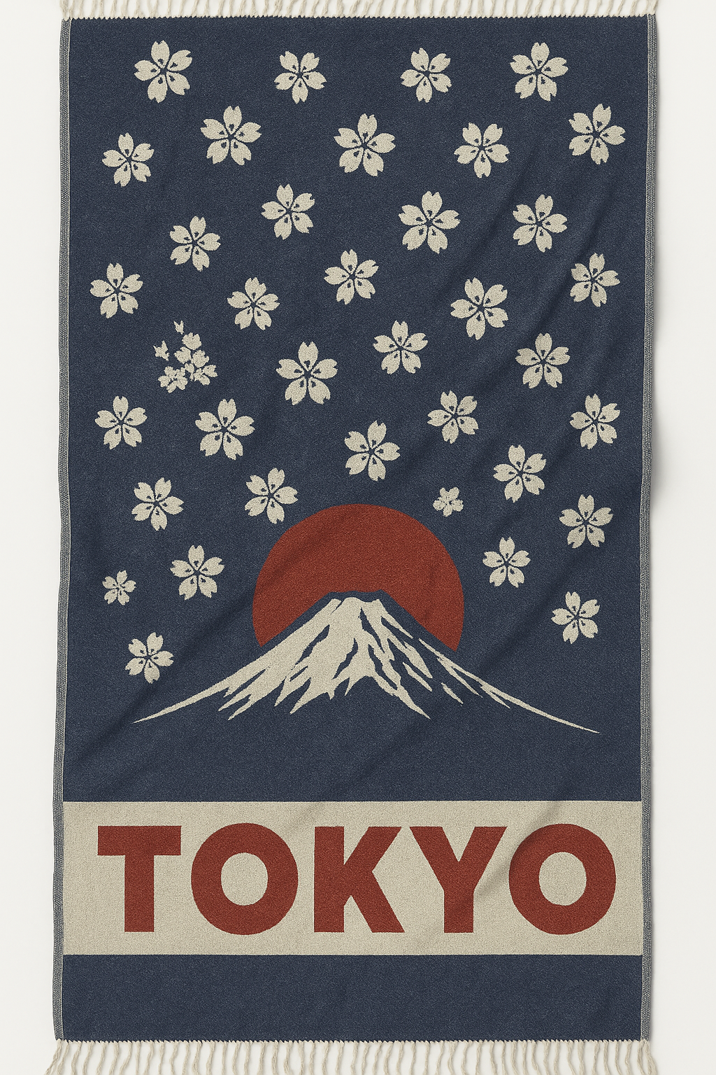 Towel with Mount Fuji and cherry blossoms design on a blue background