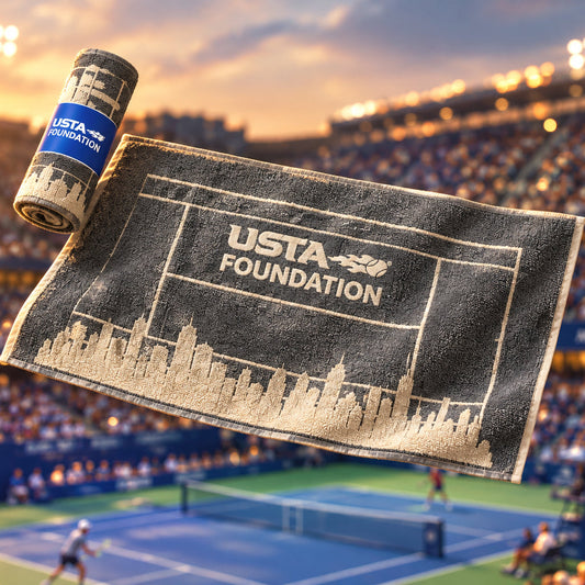 A dark gray rectangular towel featuring a beige tennis court graphic, a city skyline silhouette, and the text 'USTA FOUNDATION' printed vertically. A rolled up towel with a custom wrap band is placed on top of the towel, with a small black and blue USTA tag attached.