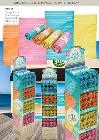 Salt Water Sun - "Grab and Go" Rolled Turkish Towels - 48 Units + Retail Store Display RT789 & RT790