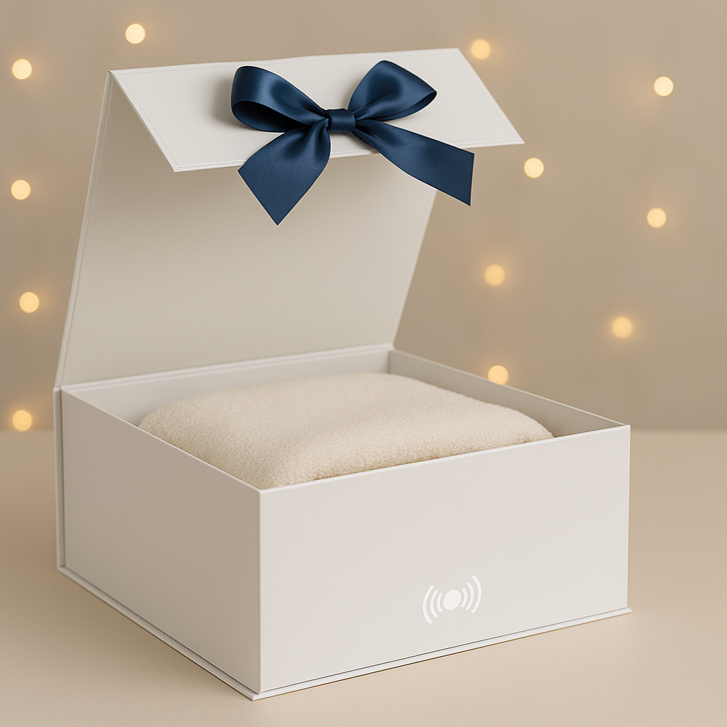 White gift box with a blue ribbon on a beige background with small lights