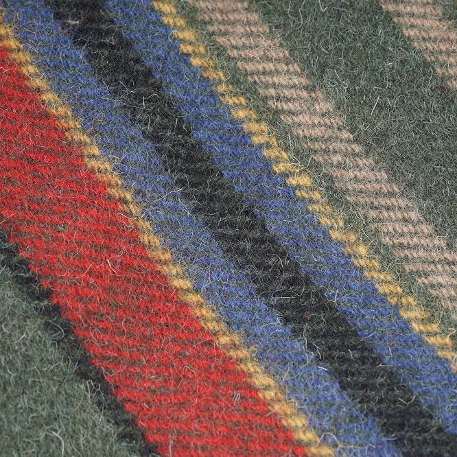 Custom Woven Wool Blanket Throw custom Colors Close-up of a fabric with red, blue, and yellow striped pattern on a green background