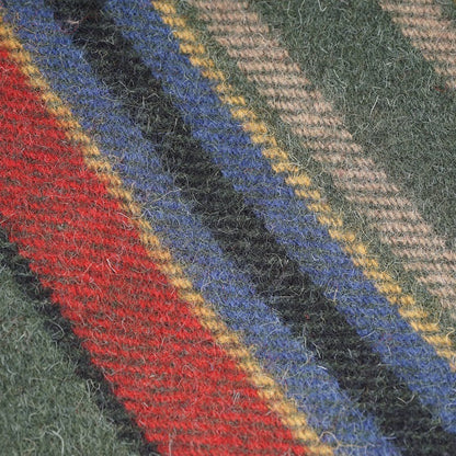 Custom Woven Wool Blanket Throw custom Colors Close-up of a fabric with red, blue, and yellow striped pattern on a green background