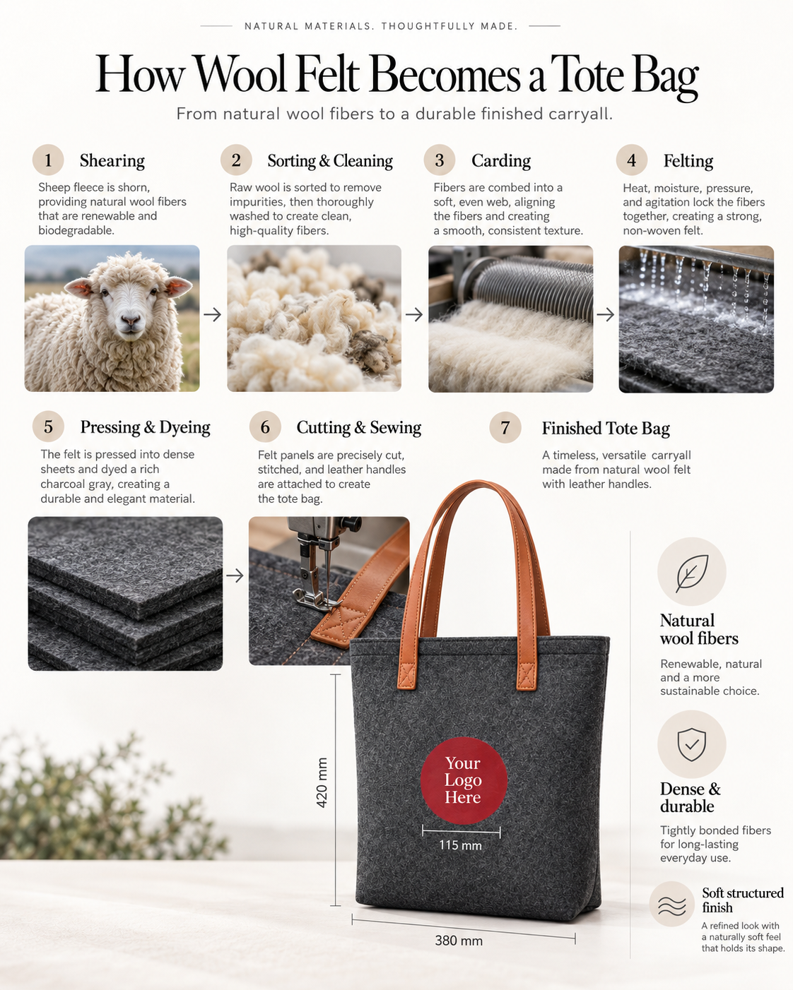 How wool felt becomes the Bellagio tote: shearing, sorting, carding, felting, pressing and dyeing, cutting and sewing, with logo placement and dimensions