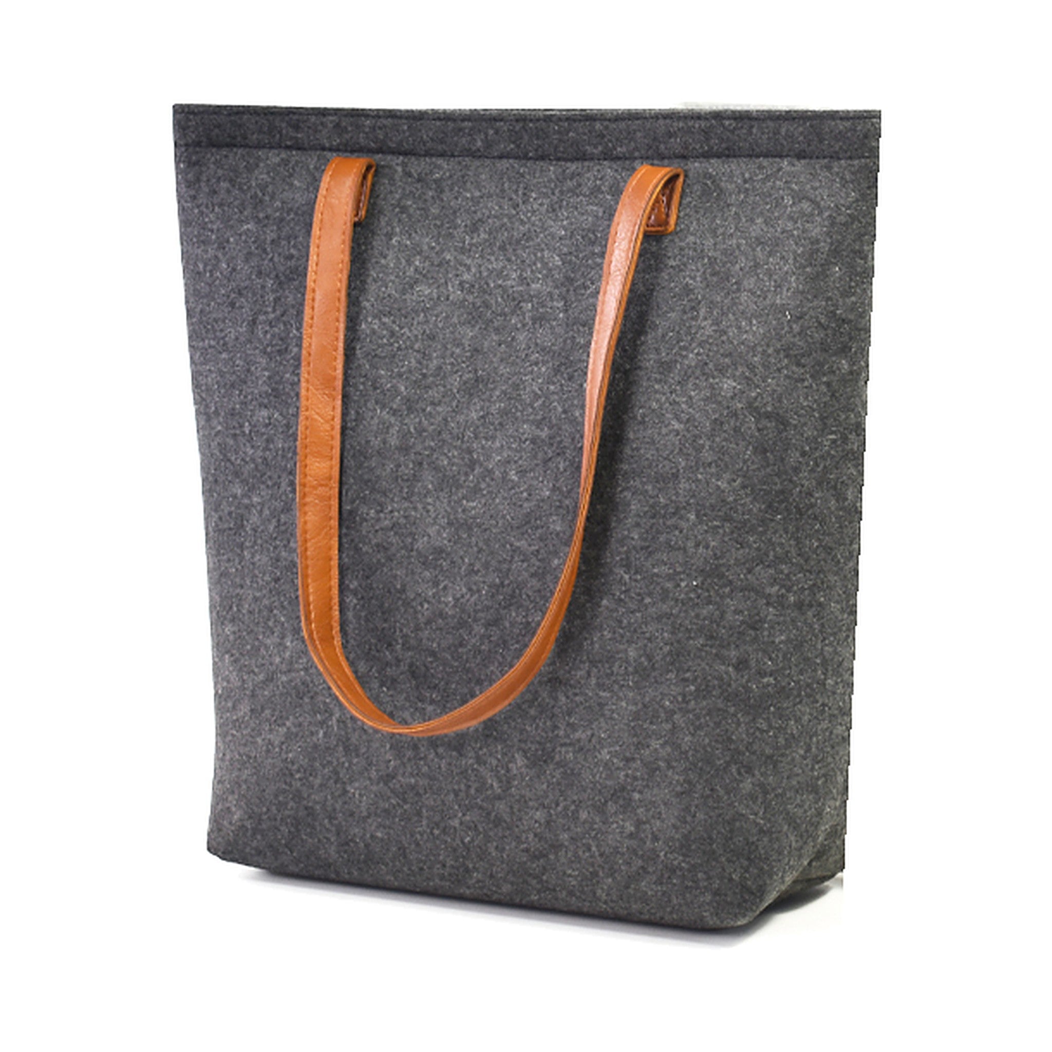 Bellagio wool tote in Charcoal with cognac handles, on white