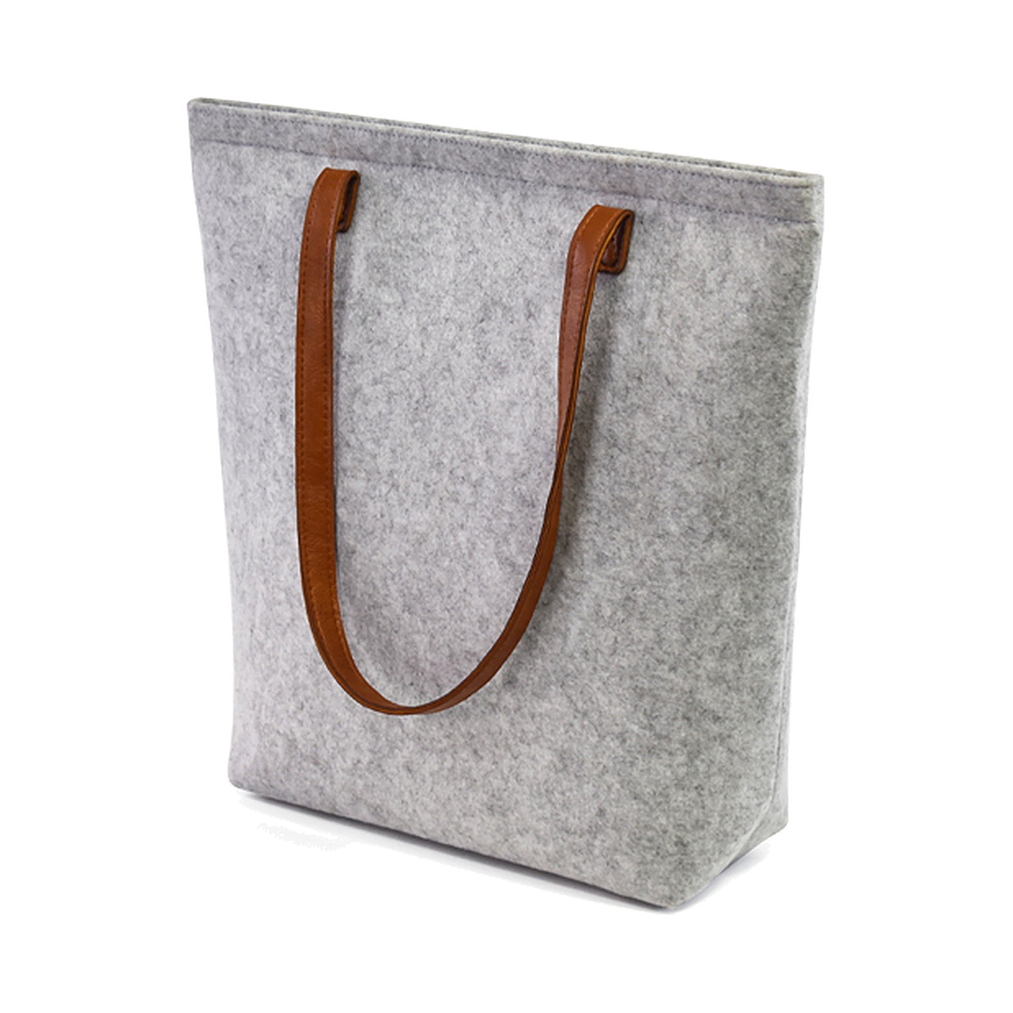 Bellagio wool tote in Light Gray with cognac handles, on white