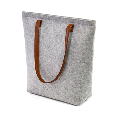 Bellagio wool tote in Light Gray with cognac handles, on white