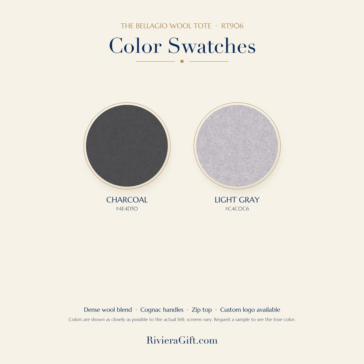 Bellagio wool tote color swatches: Charcoal and Light Gray